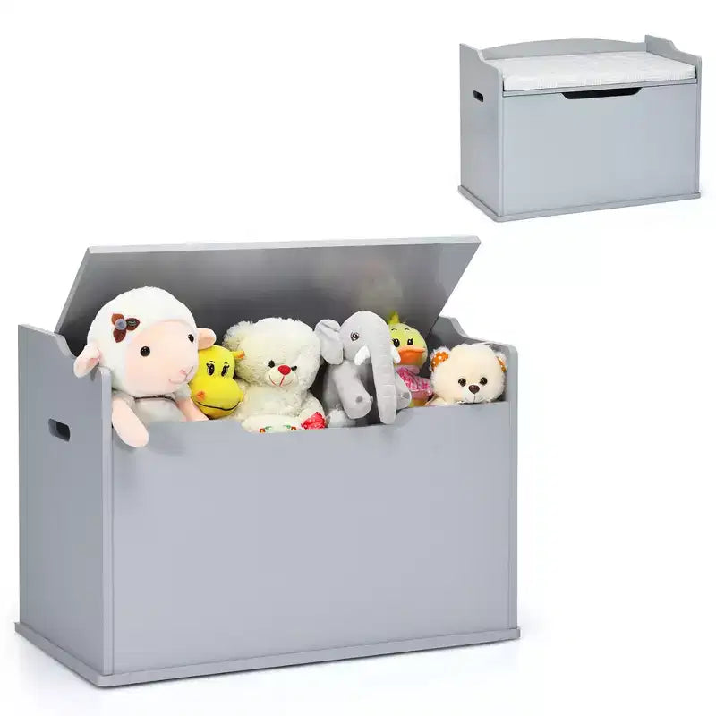 Costway Coffre à jouets en bois pour enfants, banc de rangement avec couvercle rabattable, charnière de sécurité et coussin