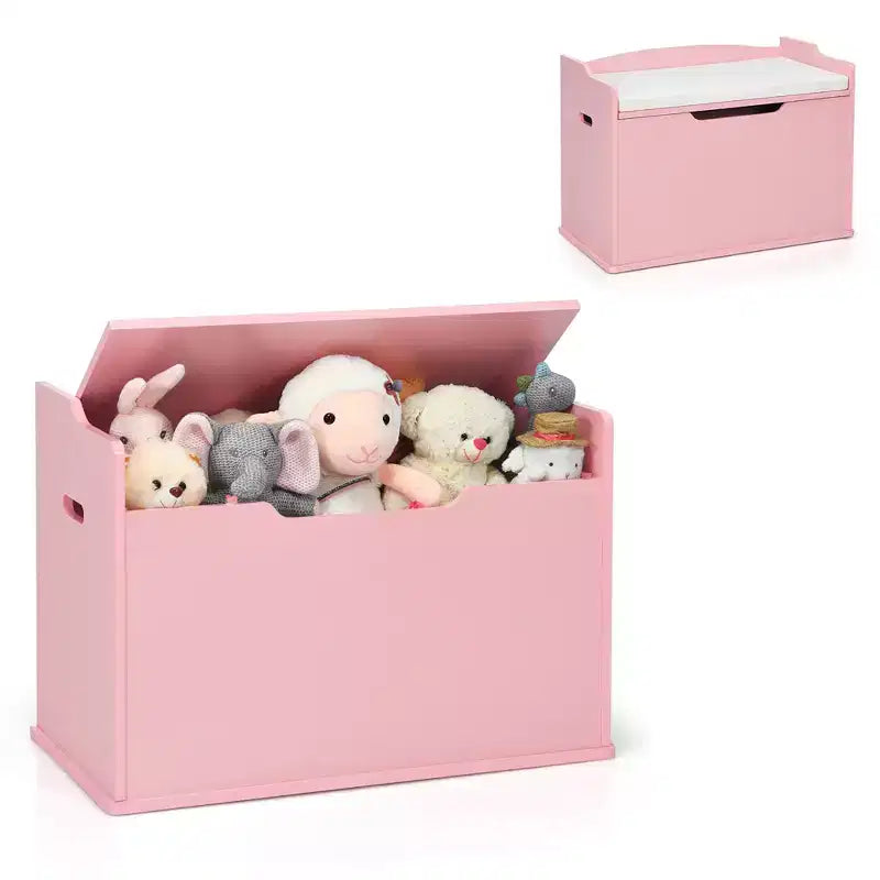 Costway Coffre à jouets en bois pour enfants, banc de rangement avec couvercle rabattable, charnière de sécurité et coussin