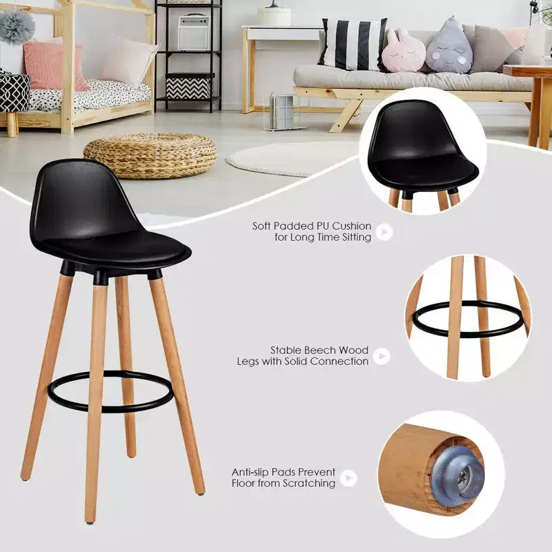 Costway Lot de 2 tabourets de bar mi-siècle 28,5", chaises de salle à manger/pub avec assise rembourrée en cuir, noir