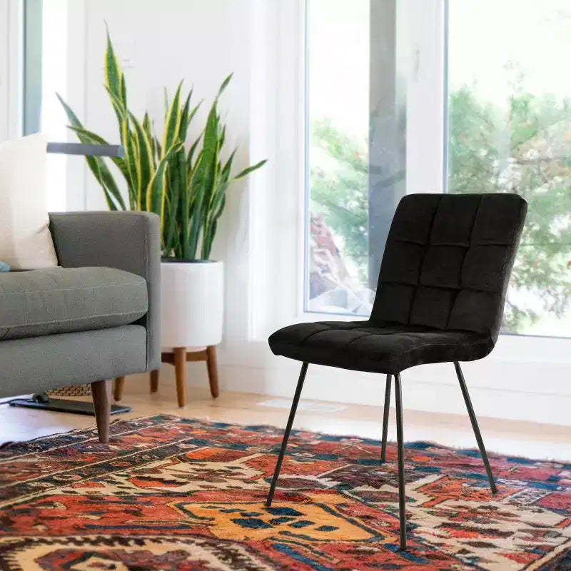 Elama - Chaises capitonnées en velours 2 pièces, noires, avec pieds en métal noir