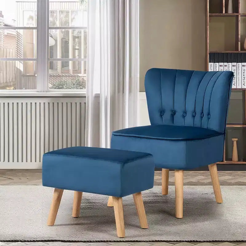 Fauteuil et pouf Costway, ensemble de canapé capitonné épais avec pieds en bois rose/bleu/vert