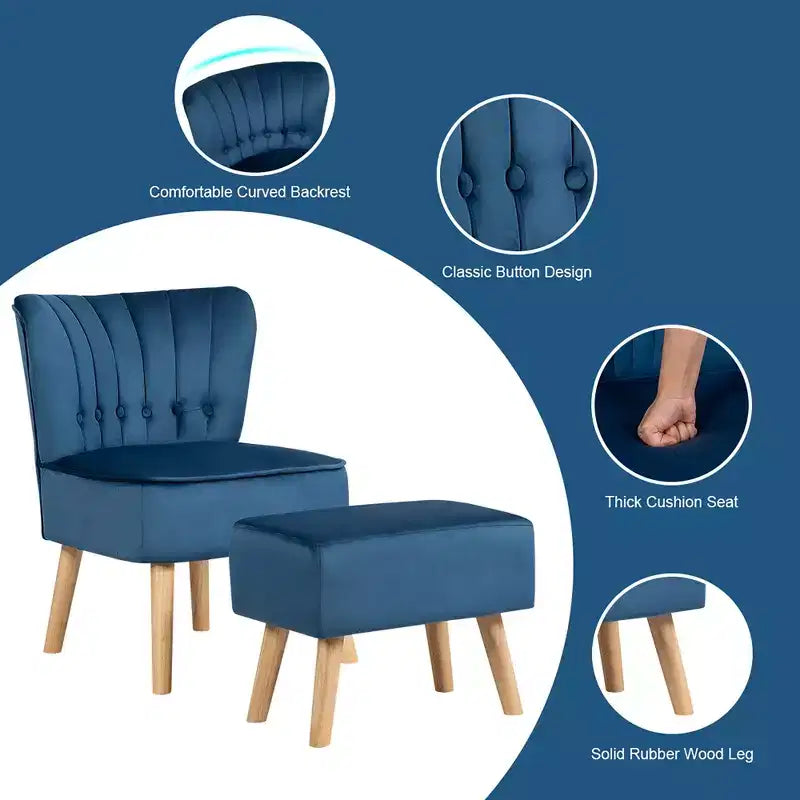 Fauteuil et pouf Costway, ensemble de canapé capitonné épais avec pieds en bois rose/bleu/vert