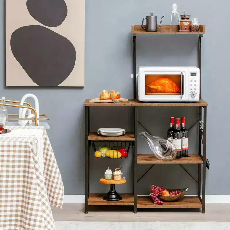 Étagère de Cuisine Vintage à 4 Niveaux Costway avec Panier et 5 Crochets