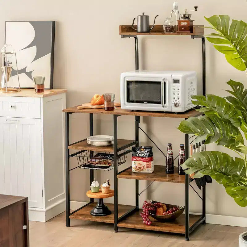 Étagère de Cuisine Vintage à 4 Niveaux Costway avec Panier et 5 Crochets