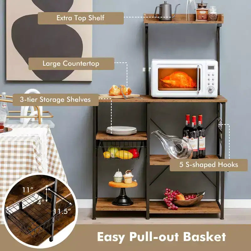 Étagère de Cuisine Vintage à 4 Niveaux Costway avec Panier et 5 Crochets