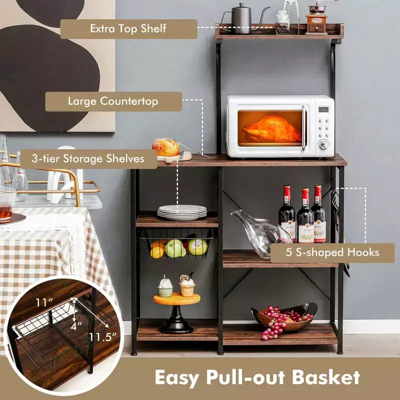 Étagère de Cuisine Vintage à 4 Niveaux Costway avec Panier et 5 Crochets