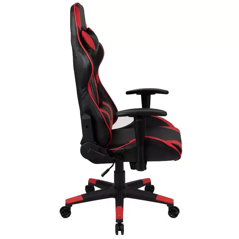 Configuration de jeu BlackArc Delta : Chaise inclinable avec support lombaire et appui-tête ; Bureau avec support casque/porte-gobelet détachable et support d'écran