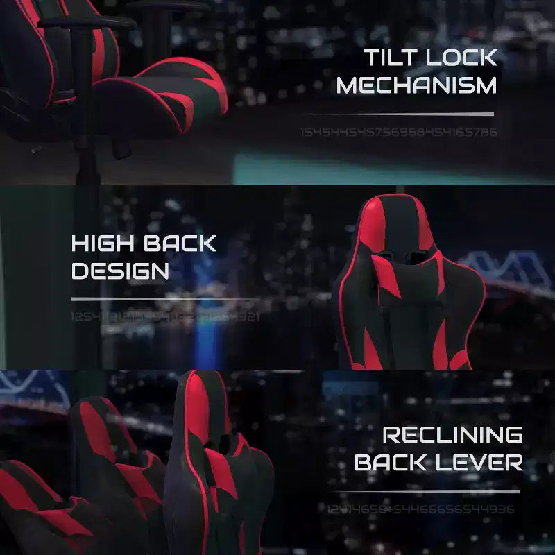 Configuration de jeu BlackArc Delta : Chaise inclinable avec support lombaire et appui-tête ; Bureau avec support casque/porte-gobelet détachable et support d'écran