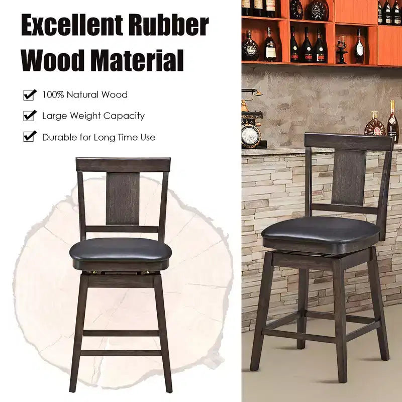 Costway Tabouret de Bar Pivotant 1/2/3/4 pièces, Chaise de Bar Hauteur Comptoir 61 cm Rembourrée avec Pieds en Bois d'Hévéa