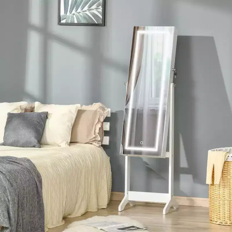 HOMCOM Armoire à bijoux sur pied avec éclairage LED, organisateur de bijoux verrouillable avec miroir pleine longueur et 4 angles réglables