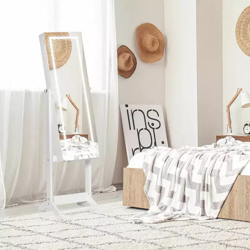 HOMCOM Armoire à bijoux sur pied avec éclairage LED, organisateur de bijoux verrouillable avec miroir pleine longueur et 4 angles réglables