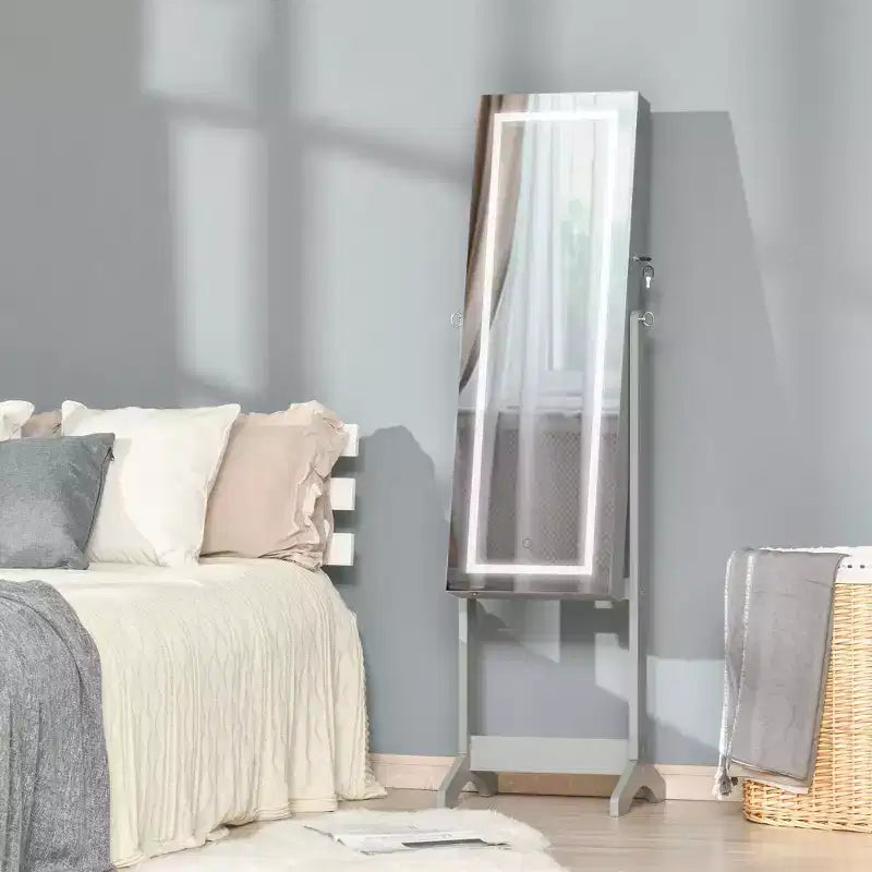 HOMCOM Armoire à bijoux sur pied avec éclairage LED, organisateur de bijoux verrouillable avec miroir pleine longueur et 4 angles réglables