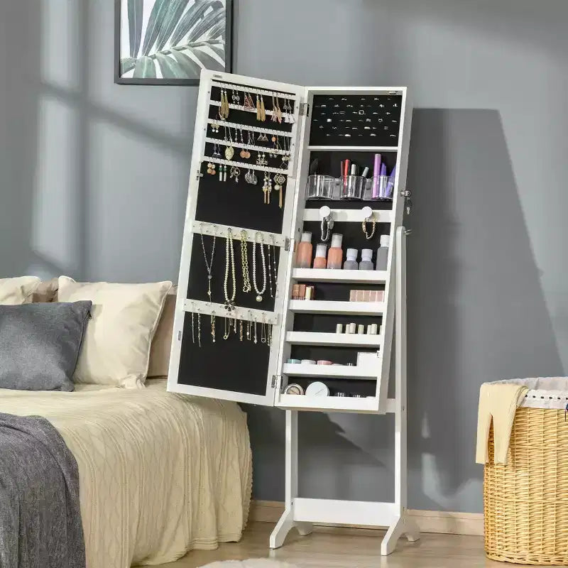 HOMCOM Armoire à bijoux sur pied avec éclairage LED, organisateur de bijoux verrouillable avec miroir pleine longueur et 4 angles réglables