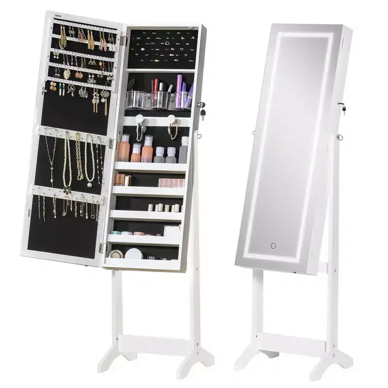 HOMCOM Armoire à bijoux sur pied avec éclairage LED, organisateur de bijoux verrouillable avec miroir pleine longueur et 4 angles réglables
