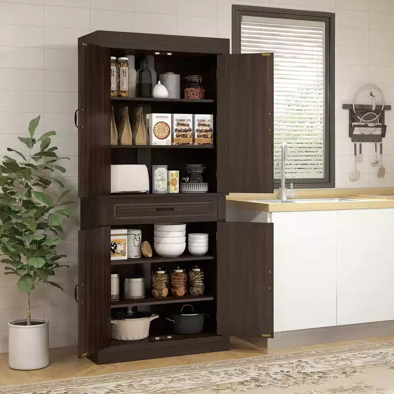HOMCOM Grand garde-manger de cuisine autoportant de 180 cm avec 4 portes et 2 grands placards, armoire de rangement haute avec grand tiroir pour cuisine et salle à manger