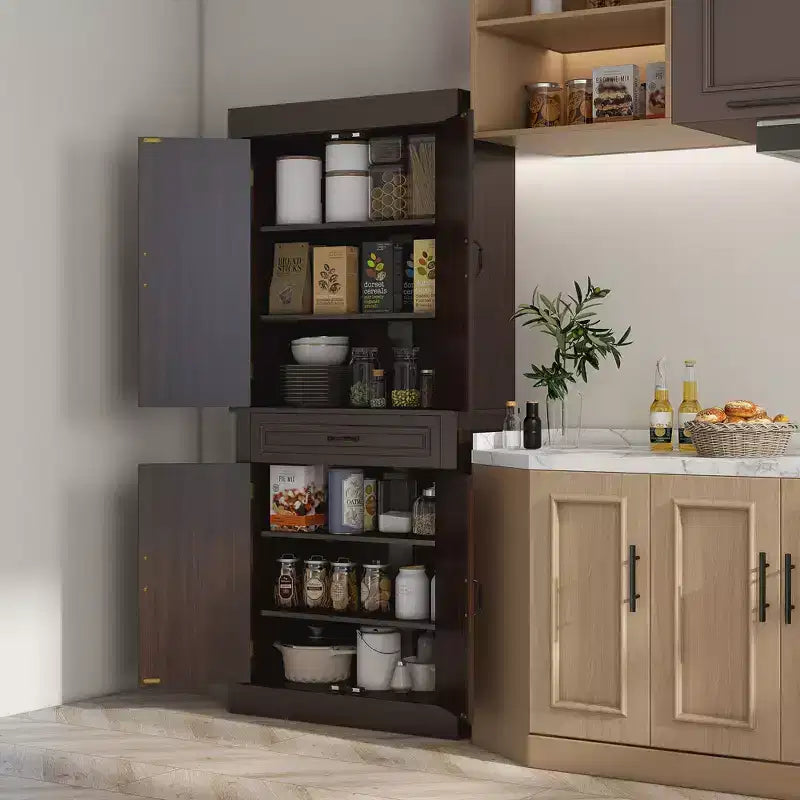 HOMCOM Grand garde-manger de cuisine autoportant de 180 cm avec 4 portes et 2 grands placards, armoire de rangement haute avec grand tiroir pour cuisine et salle à manger