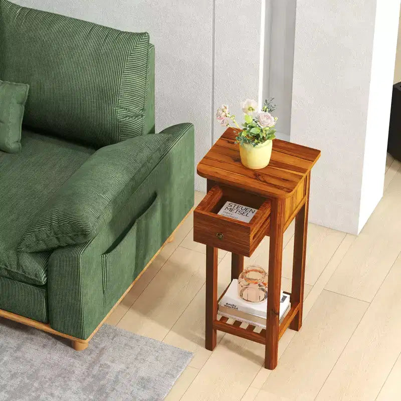 Costway Table d'appoint 2 pièces en bois massif avec tiroir et étagère ouverte en bois d'acacia Petite table de chevet