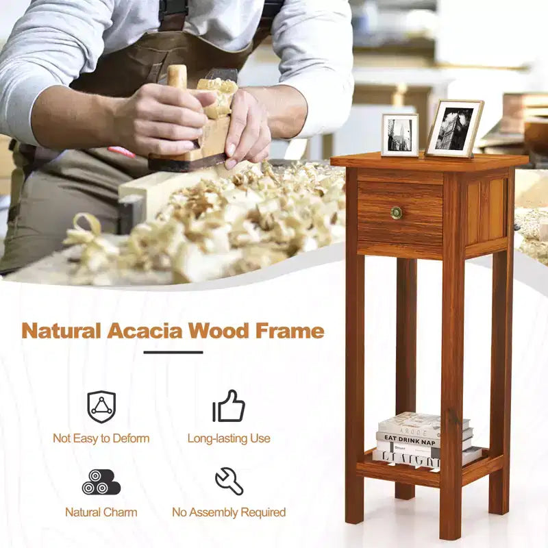 Costway Table d'appoint 2 pièces en bois massif avec tiroir et étagère ouverte en bois d'acacia Petite table de chevet