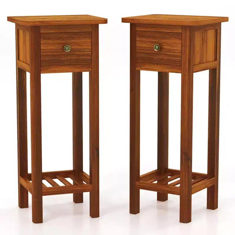 Costway Table d'appoint 2 pièces en bois massif avec tiroir et étagère ouverte en bois d'acacia Petite table de chevet