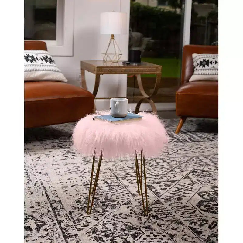 Repose-pieds ottoman rond en fausse fourrure BirdRock Home - Rose avec pieds dorés pâles