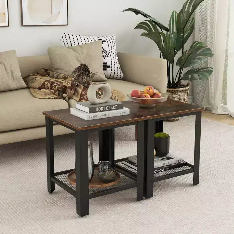 Costway Lot de 2 tables d'appoint industrielles à 2 niveaux avec étagère de rangement, noir