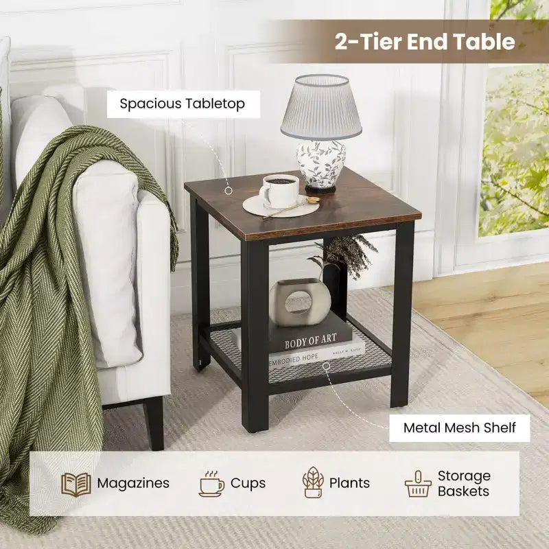 Costway Lot de 2 tables d'appoint industrielles à 2 niveaux avec étagère de rangement, noir