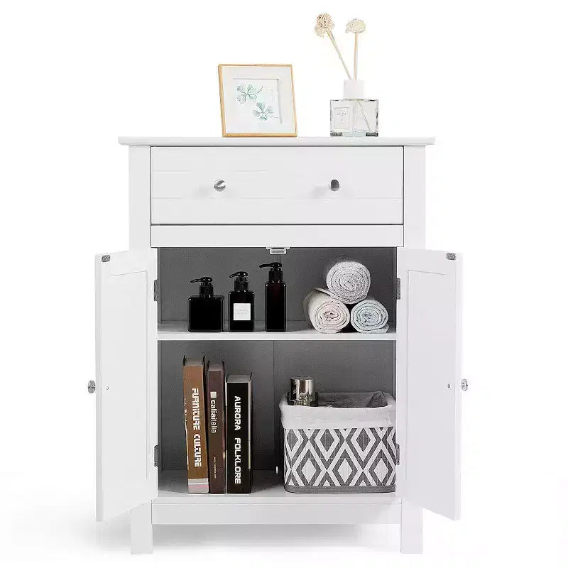 Armoire de rangement de salle de bain Costway, autoportante, grand tiroir avec étagère réglable, blanche