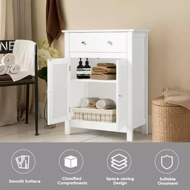 Armoire de rangement de salle de bain Costway, autoportante, grand tiroir avec étagère réglable, blanche