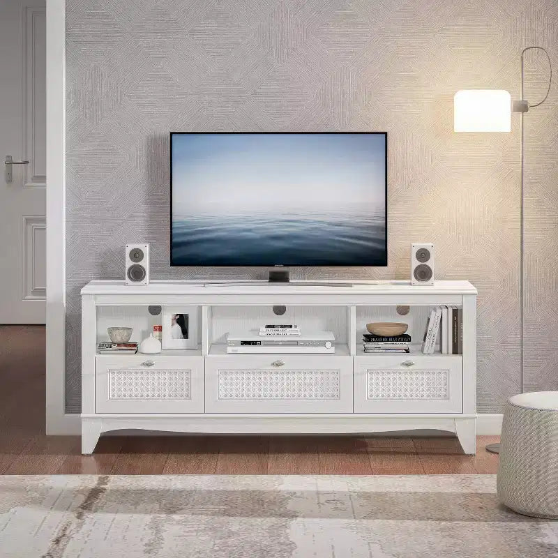 Meuble TV traditionnel en bois naturel de 55 po pour téléviseurs jusqu'à 60 po avec tiroir - Essentiels pour la maison
