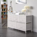 Commode de rangement à 5 tiroirs Emma et Oliver avec plateau en bois et tiroirs en tissu foncé