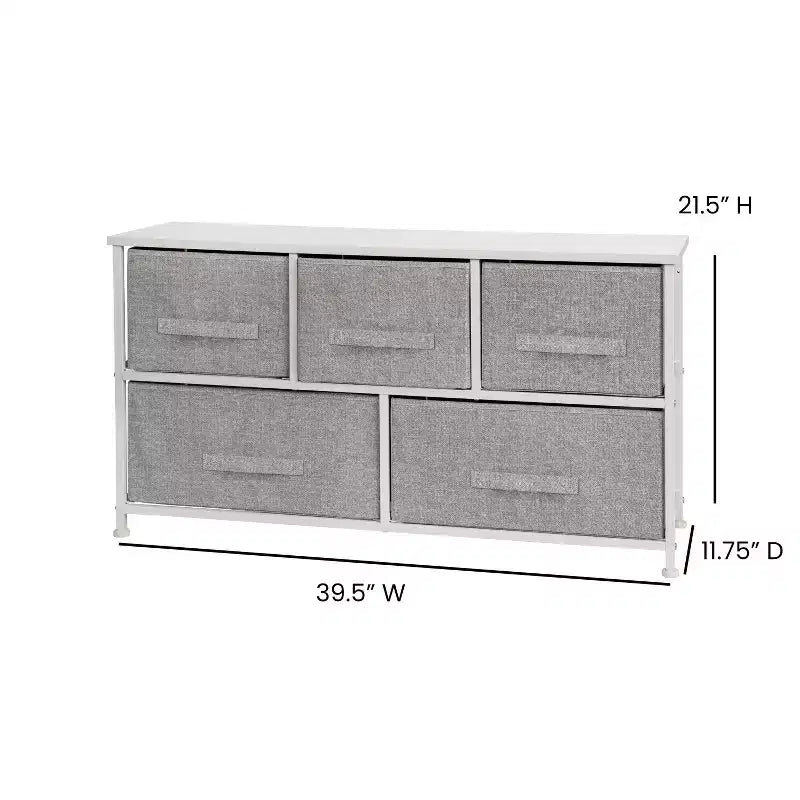 Commode de rangement à 5 tiroirs Emma et Oliver avec plateau en bois et tiroirs en tissu foncé