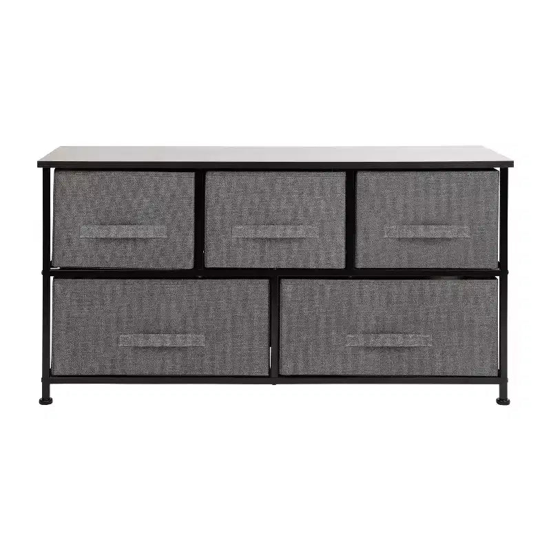 Commode de rangement à 5 tiroirs Emma et Oliver avec plateau en bois et tiroirs en tissu foncé