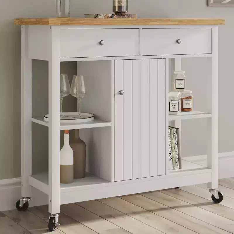 Îlot de cuisine avec tiroirs, Chariot roulant avec roulettes verrouillables, Utilisation comme bar à café, support à micro-ondes ou étagères de rangement par Lavish Home (Blanc)