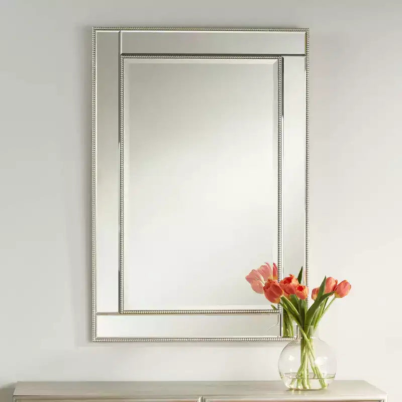 Miroir mural décoratif rectangulaire Noble Park avec cadre perlé champagne à bords biseautés modernes de 27 pouces de large pour salle de bain, chambre, salon, bureau à domicile