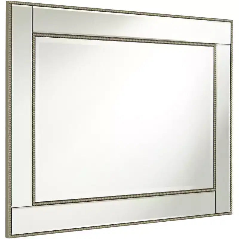 Miroir mural décoratif rectangulaire Noble Park avec cadre perlé champagne à bords biseautés modernes de 27 pouces de large pour salle de bain, chambre, salon, bureau à domicile