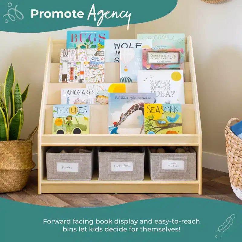 Guidecraft EdQ Présentoir à livres et bacs : Bibliothèque multi-usage en bois pour enfants avec rangement de jouets pour chambres d'enfants et salles de classe