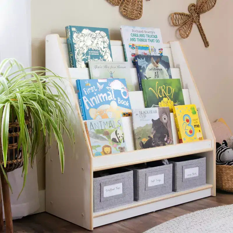 Guidecraft EdQ Présentoir à livres et bacs : Bibliothèque multi-usage en bois pour enfants avec rangement de jouets pour chambres d'enfants et salles de classe