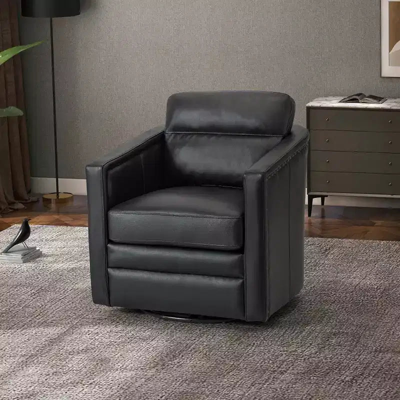 Eulalia 28.74 Fauteuil pivotant large en cuir véritable avec accoudoirs carrés et base pivotante en métal | ART OF LIVING DESIGNS-BLACK