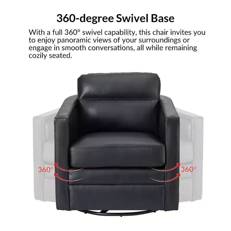 Eulalia 28.74 Fauteuil pivotant large en cuir véritable avec accoudoirs carrés et base pivotante en métal | ART OF LIVING DESIGNS-BLACK