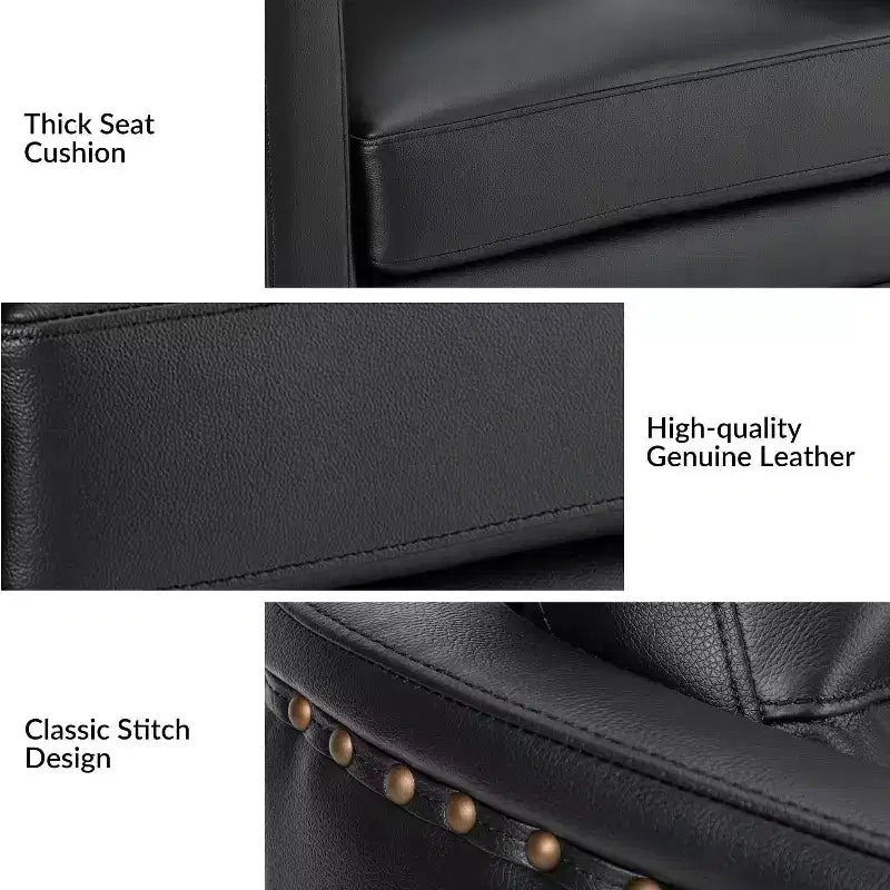 Eulalia 28.74 Fauteuil pivotant large en cuir véritable avec accoudoirs carrés et base pivotante en métal | ART OF LIVING DESIGNS-BLACK