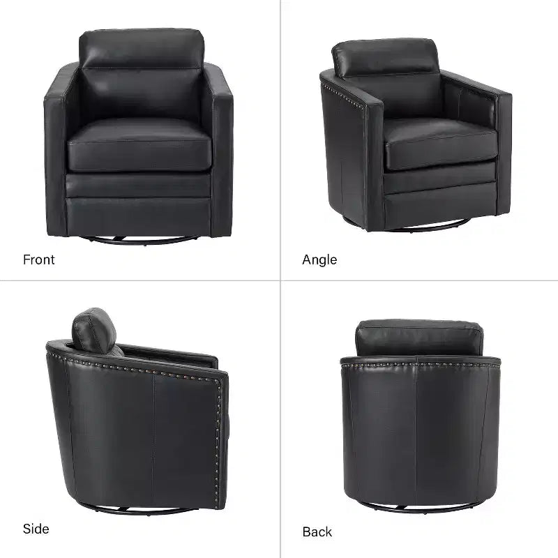 Eulalia 28.74 Fauteuil pivotant large en cuir véritable avec accoudoirs carrés et base pivotante en métal | ART OF LIVING DESIGNS-BLACK