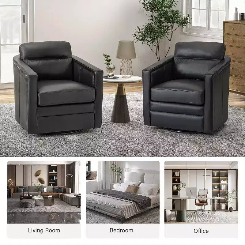Eulalia 28.74 Fauteuil pivotant large en cuir véritable avec accoudoirs carrés et base pivotante en métal | ART OF LIVING DESIGNS-BLACK