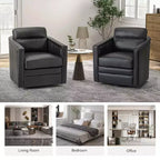 Eulalia 28.74 Fauteuil pivotant large en cuir véritable avec accoudoirs carrés et base pivotante en métal | ART OF LIVING DESIGNS-BLACK