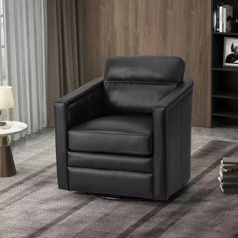 Eulalia 28.74 Fauteuil pivotant large en cuir véritable avec accoudoirs carrés et base pivotante en métal | ART OF LIVING DESIGNS-BLACK