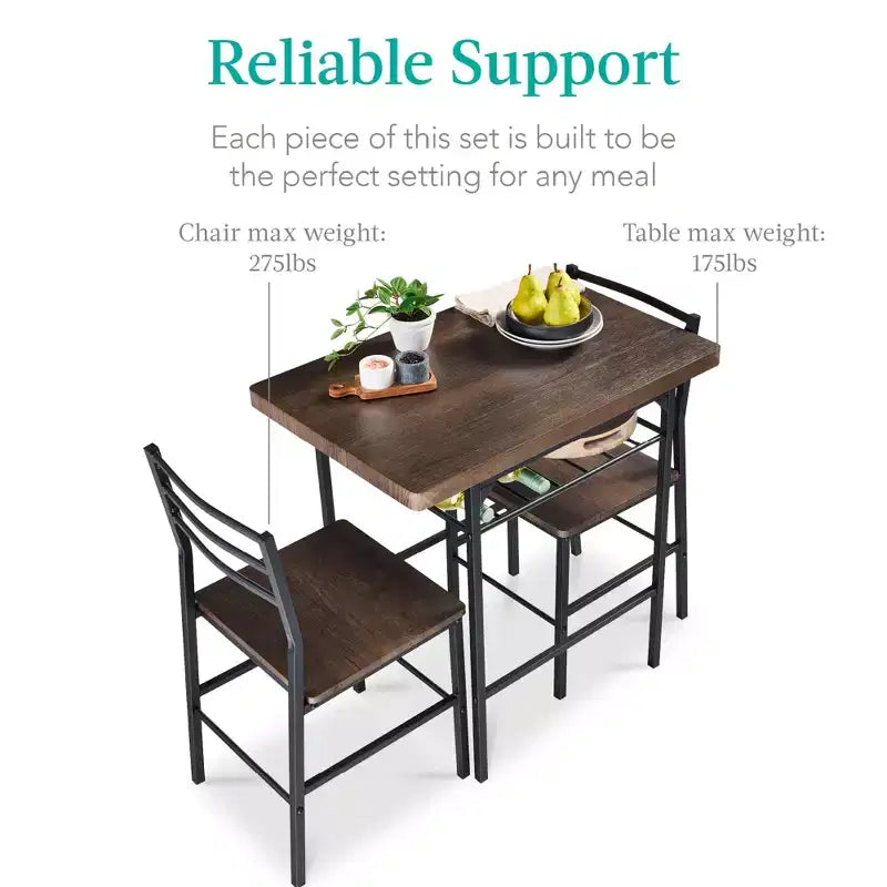 Ensemble de salle à manger moderne 3 pièces Best Choice Products, table et chaises carrées avec cadre en acier, étagère de rangement intégrée