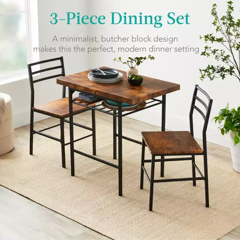 Ensemble de salle à manger moderne 3 pièces Best Choice Products, table et chaises carrées avec cadre en acier, étagère de rangement intégrée