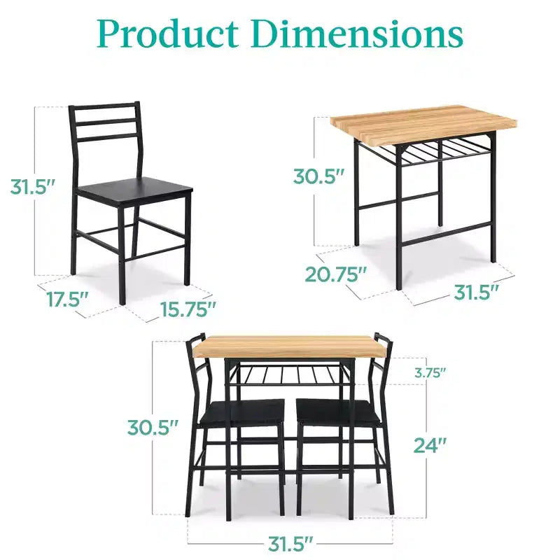 Ensemble de salle à manger moderne 3 pièces Best Choice Products, table et chaises carrées avec cadre en acier, étagère de rangement intégrée