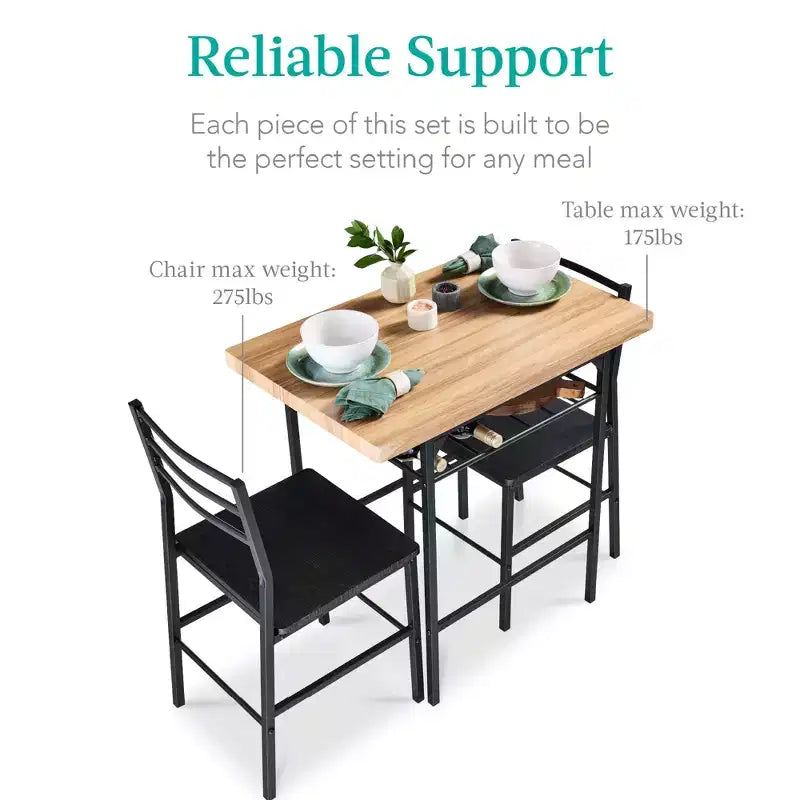 Ensemble de salle à manger moderne 3 pièces Best Choice Products, table et chaises carrées avec cadre en acier, étagère de rangement intégrée