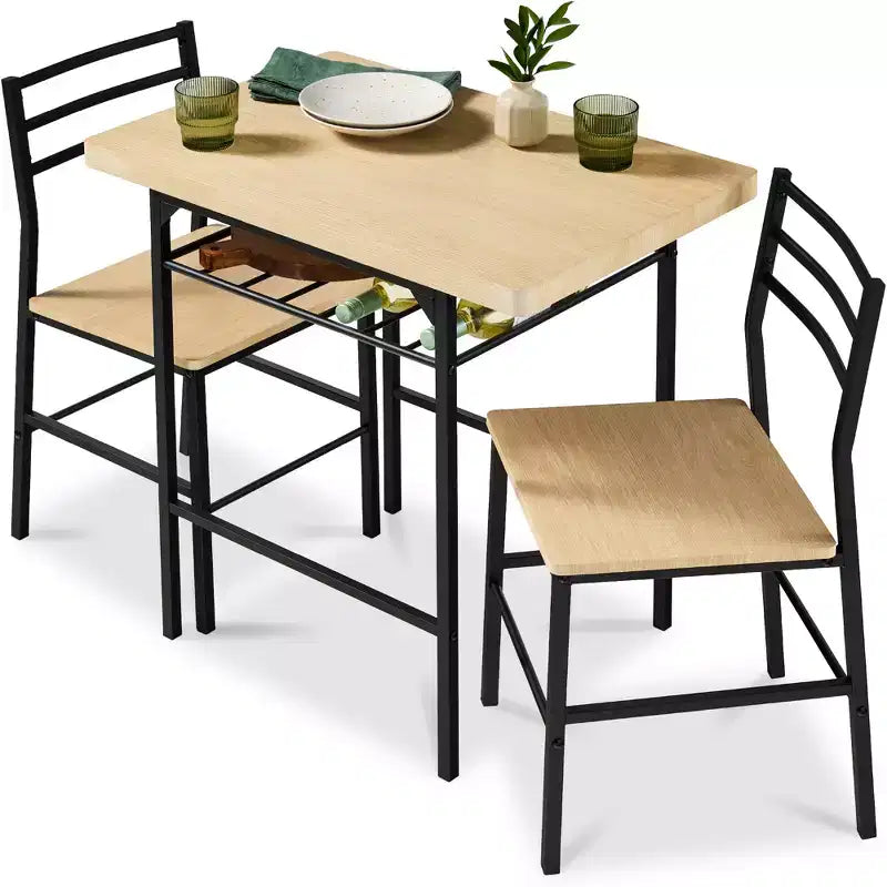 Ensemble de salle à manger moderne 3 pièces Best Choice Products, table et chaises carrées avec cadre en acier, étagère de rangement intégrée