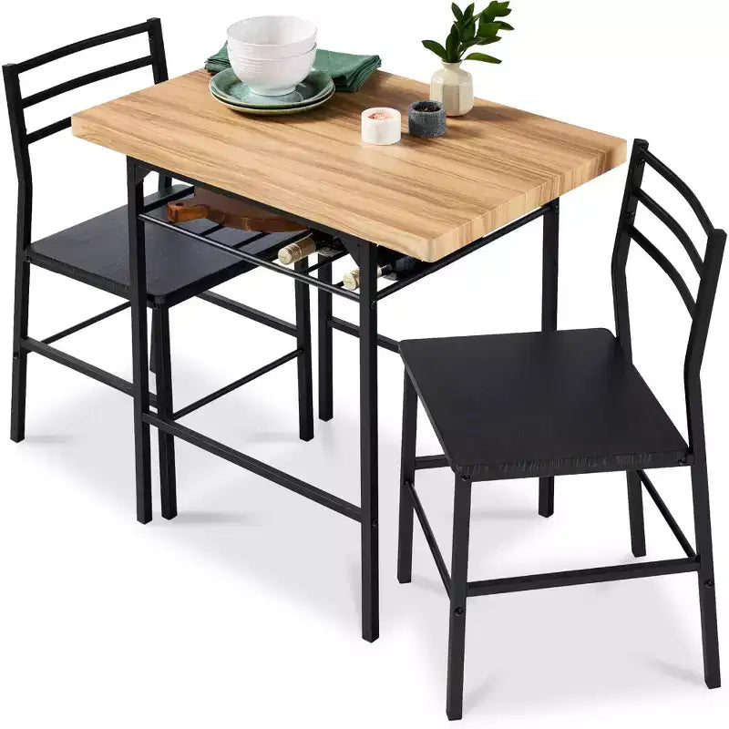 Ensemble de salle à manger moderne 3 pièces Best Choice Products, table et chaises carrées avec cadre en acier, étagère de rangement intégrée